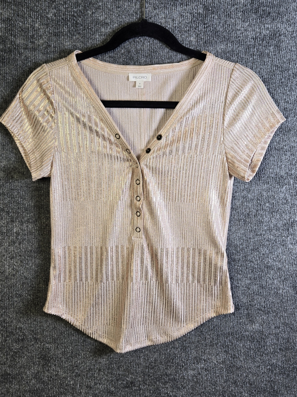 Pilcro Top Womens S Gold Shimmer Knit Ribbed V Neck Henley Quiet Luxury